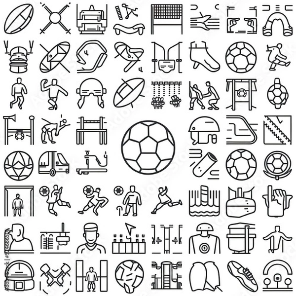 Fototapeta Set of 45 outline icons related to football, soccer. Linear icon collection. Editable stroke. Vector illustration