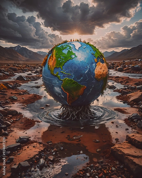 Fototapeta Earth planet in the desert, 3d rendering, render 3d, nature art 