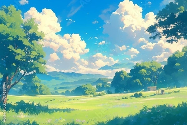 Obraz Beautiful blue sky with fluffy white clouds over green grassy field and mountains on a sunny day. Idyllic summer landscape perfect for a background.