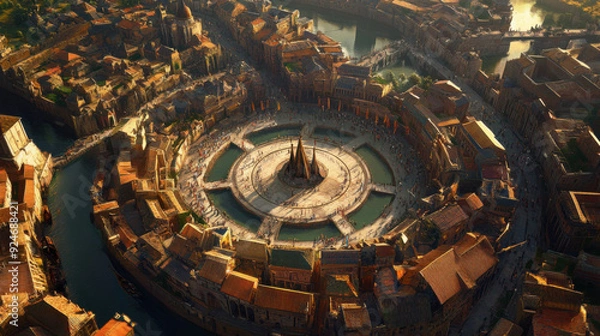 Fototapeta A medieval European city with a central circular design and waterways dividing the sections,