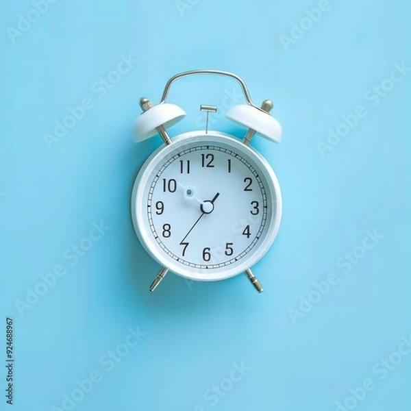 Fototapeta Vintage white alarm clock against a pastel blue background, symbolizing time, punctuality, and schedule planning.