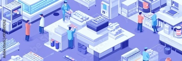 Obraz Workers in a modern pharmaceutical factory,  engaged in manufacturing and quality control,  symbolizing  precision,  innovation,  healthcare,  efficiency, and production.