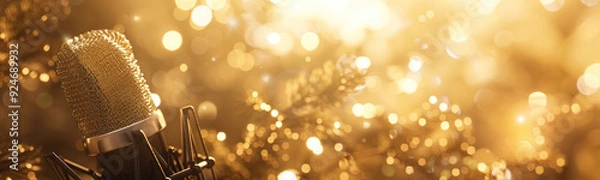 Fototapeta A microphone is placed against a backdrop of shimmering golden lights, creating a festive atmosphere