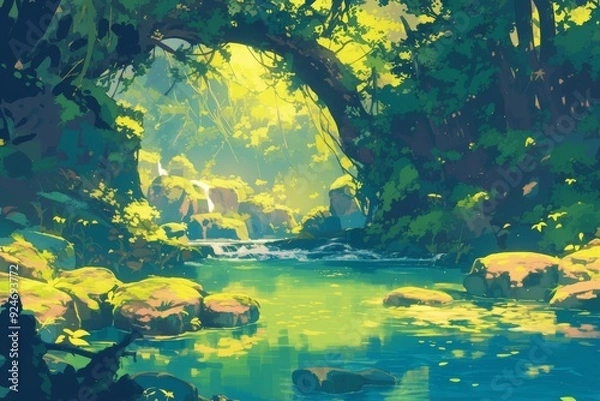 Obraz Peaceful Lush Forest with a Serene Stream Flowing Through. Tranquil Landscape of Nature with Sunlight and Greenery.