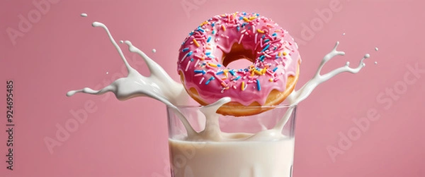 Fototapeta Donut Delight: Detailed Pink Donut and Springs Falling into Milk