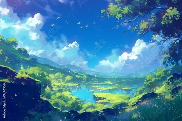 Obraz Vibrant digital painting of a lush green valley with a blue lake and a bright blue sky, perfect for nature lovers and fantasy enthusiasts.