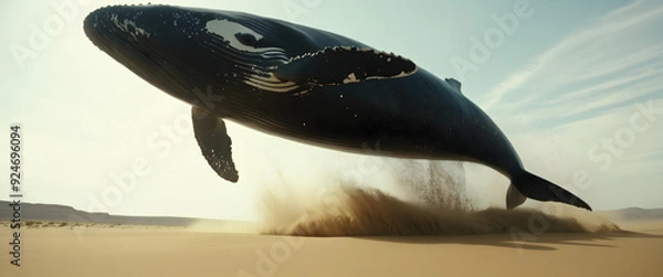 Fototapeta Desert Whale Surge: Cinematic Low Angle of a Whale Leaping in Sand
