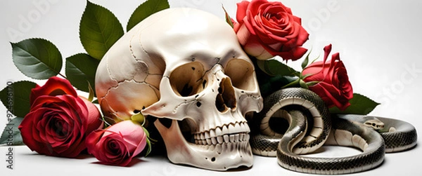 Fototapeta Serpent's Rest: Realistic Skull with Snake Surrounded by Roses