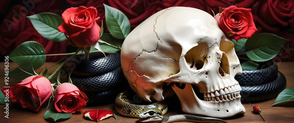 Fototapeta Gothic Elegance: Realistic Skull with Snake Roses