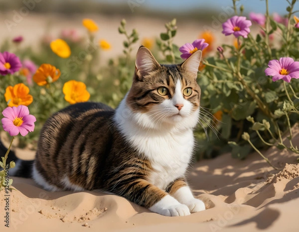 Fototapeta Adorable Cat Sitting in between the Flowers