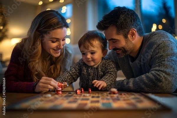 Fototapeta Warm glow of home, a family of three engrossed in a board game.  A cozy moment of laughter and togetherness, capturing the joy of shared experiences. 