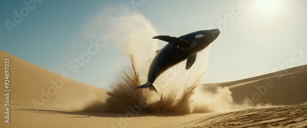 Fototapeta Cinematic Whale Leap: Low Angle Shot of a Whale Jumping in a Desert