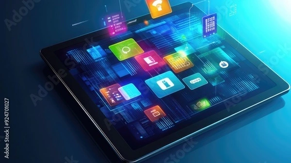 Fototapeta Top view of a digital tablet with holographic tech icons, with plenty of copy space on the right.