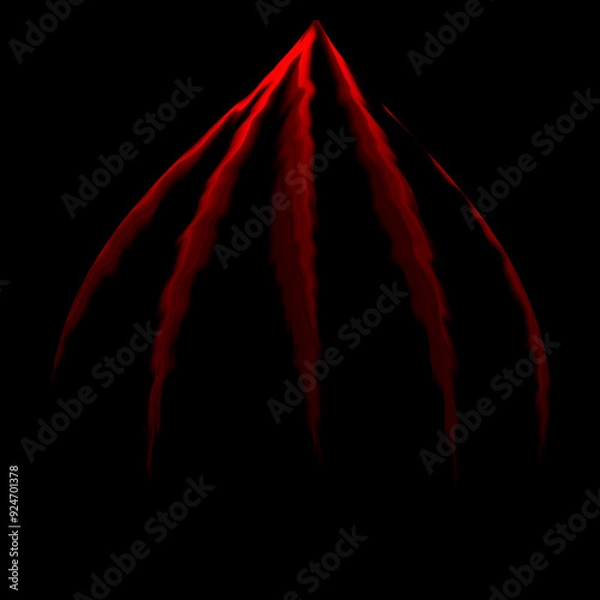 Fototapeta fantasy graphic. square black background. Conceptual science fiction landscape. red finger like structure hanging in outer space.  3d illusion of distance depth and dimension.