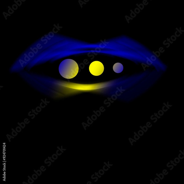 Fototapeta Square black background. Conceptual fantasy graphic of an alien or avatar eye portal. blue oval shape with blurred edges. Illusion of depth, dimension and distance. 3 yellow and blue orbs or planets.