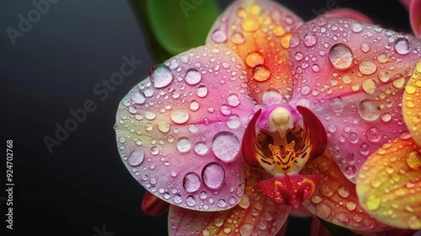 Fototapeta Close-up of Pink and Yellow Orchid with Water Droplets