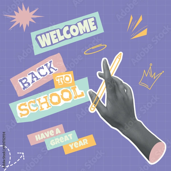 Fototapeta Back to school. Halftone collage isolated. Retro collage background with halftone human hand holding pencil. Fashionable school theme. Web and social networks. Advertising and promotional template.