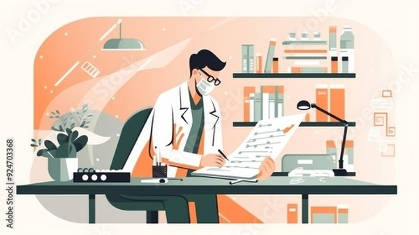 Fototapeta A man in a white lab coat is writing on a piece of paper