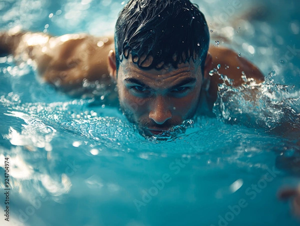 Fototapeta A man is swimming in a pool