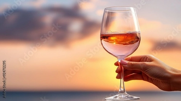 Obraz A serene sunset view featuring a hand holding a glass of rose wine, perfect for capturing relaxing moments and celebrations.