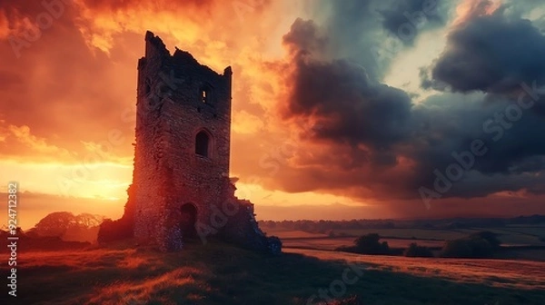 Fototapeta A lone stone tower stands atop a hill, bathed in the golden light of a dramatic sunset. The sky is ablaze with fiery hues, 