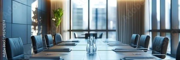 Fototapeta An empty modern conference room featuring a large table, chairs, and glass windows with a cityscape view, showcasing a corporate environment.