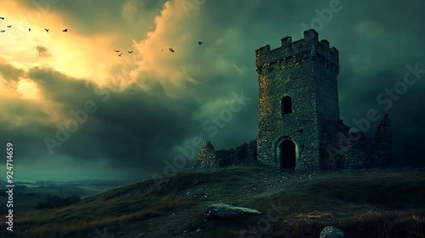 Fototapeta A lone stone tower stands on a grassy hill against a stormy sky. Birds fly overhead. The tower has a dark entrance and a single window.