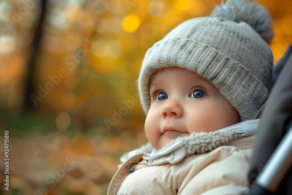 Fototapeta Everyday care promenading with small baby in carriage stroller, city park autumn fall summer time, Generative AI