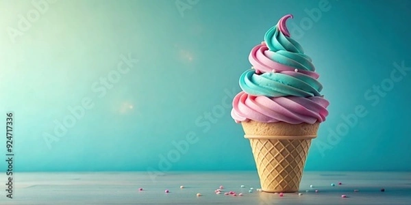 Fototapeta Pastel Paradise Cone: Soft pink and blue pastels, delicate sprinkles, swirly ice cream with a hint of berry flavor, vintage aesthetic