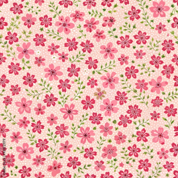 Fototapeta Pink floral and leaf , light pink dot background seamless pattern