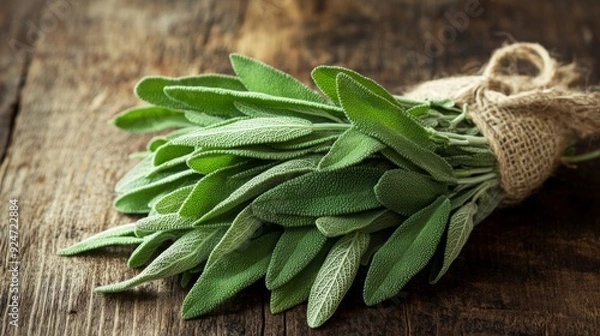 Obraz A bundle of fresh sage leaves tied with rustic twine, placed on a wooden surface, evoking the essence of natural healing, traditional herbal remedies, and culinary uses in cooking.