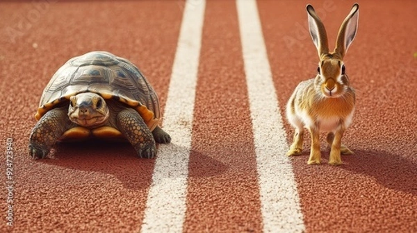 Obraz A tortoise and a hare are positioned on a red running track, symbolizing the classic fable race, with the tortoise looking determined and the hare appearing alert and ready to sprint.