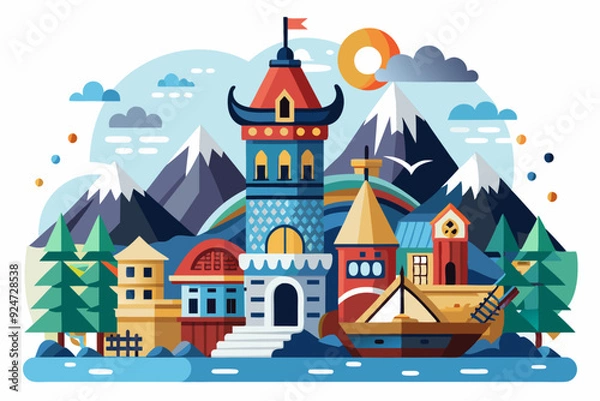 Fototapeta A Cartoon Cityscape with a Tall Tower and Mountains in the Background