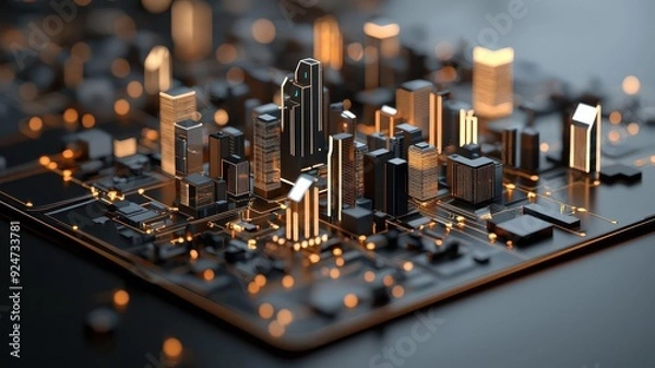 Obraz Virtual cityscape with AI-controlled systems, computing simulation environment, 3D illustration