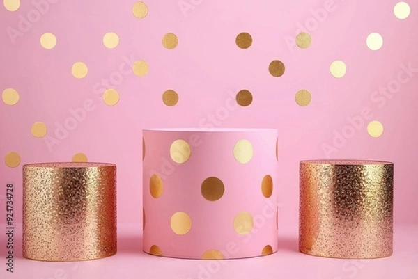 Fototapeta Glamorous Pink and Gold Polka Dot Display Table, Soft pink surface adorned with shiny gold dots, perfect for showcasing products with a touch of feminine elegance and sparkle.