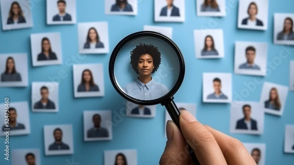 Fototapeta magnifying glass over employee portraits, highlighting one person, symbolizing selection or recruitment