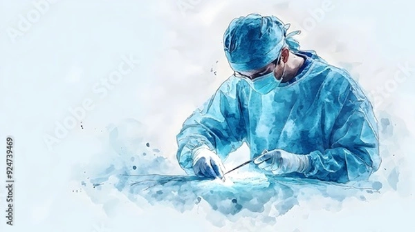 Fototapeta Watercolor of a Surgeon Performing an Incision with a Scalpel in a Light Blue Medical Setting
