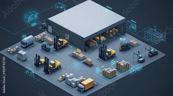Fototapeta An isometric depiction of a warehouse highlighting the synergy between IoT devices and forklifts, with trucks navigating optimized routes for enhanced productivity