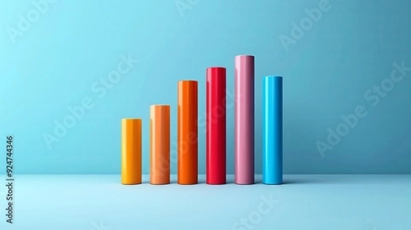 Fototapeta Colorful cylindrical shapes arranged in a gradient, showcasing growth and progress against a soft blue background.