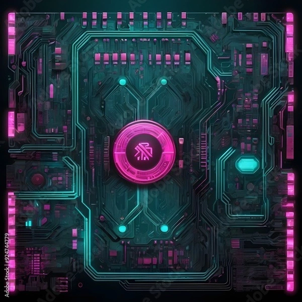 Fototapeta Cyberpunk Futuristic Circuit Board: Glowing Pink and Turquoise Tech Glyphs on Dark Metallic Surface, Ultra-Detailed Abstract