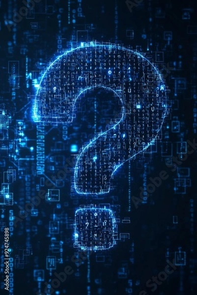 Fototapeta A question mark icon made of binary code, representing a cybersecurity query or challenge.