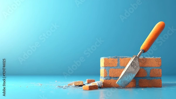 Fototapeta A 3D illustration featuring bricks stacked together with a trowel placed on top, isolated against a blue background. 