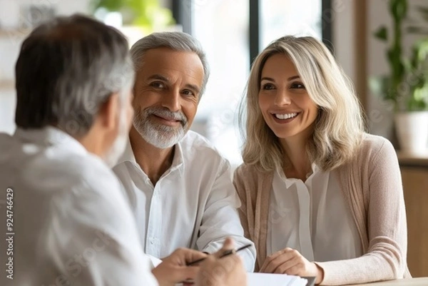 Fototapeta Successful Consultant Providing Financial Advice to Happy Couple, Generative AI
