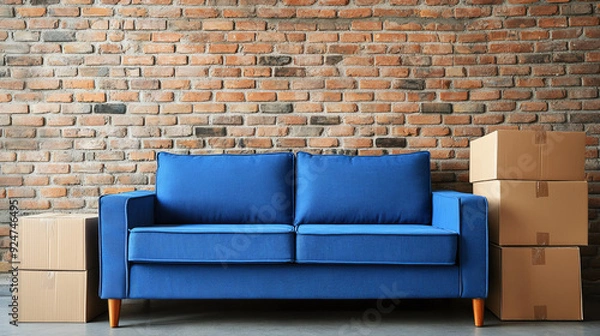 Fototapeta  A scene featuring cardboard boxes filled with household items placed next to a blue sofa against a brick wall background