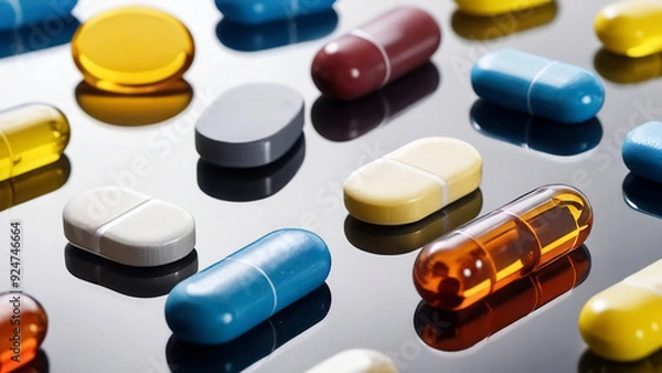 Fototapeta closeup of multicolored pills on smooth surface