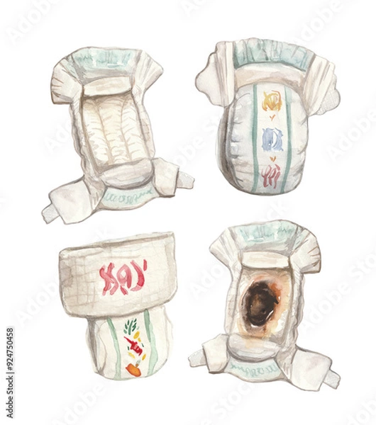 Fototapeta This watercolor set features a series of baby diapers in various states, including clean, soiled, and open. The delicate hand-painted 