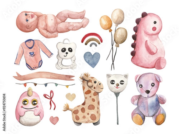 Fototapeta A delightful collection of watercolor baby essentials and toys, featuring a baby with blue eyes, a pink onesie, a panda teether, a blue heart, balloons, a pink dinosaur, a pink and white roly-poly toy