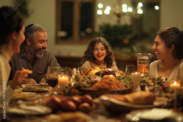 Fototapeta Scene dedicated to the Jewish holiday Rosh ha-Shanah: Close-up of honey being drizzled onto a sliced apple, with warm, blurred bokeh lights in the background, creating a cozy atmosphere.
