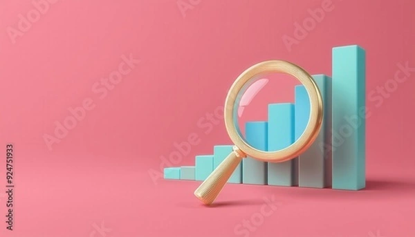 Obraz A magnifying glass focusing on a rising bar graph, symbolizing analysis, growth, and data discovery in a modern design.