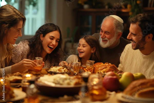 Fototapeta Scene dedicated to the Jewish holiday Rosh ha-Shanah: Close-up of honey being drizzled onto a sliced apple, with warm, blurred bokeh lights in the background, creating a cozy atmosphere.
